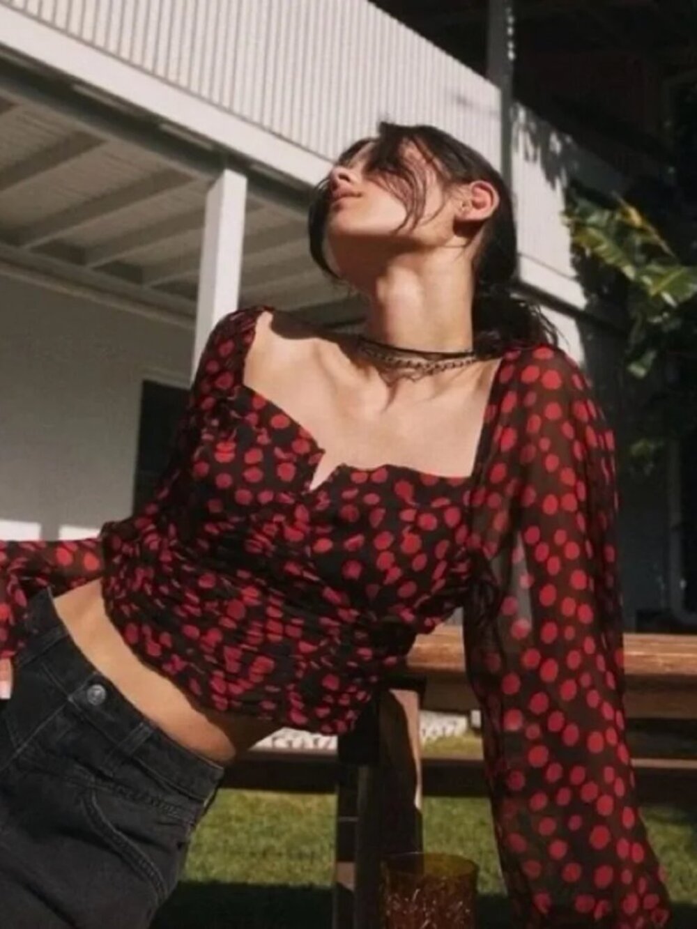 Free People Parker Red Polka Splotch Print Long Sleeve Crop Top XS